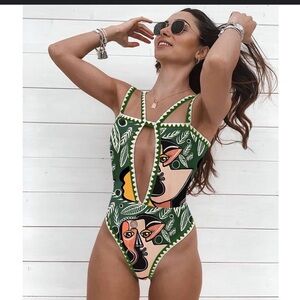 Women Abstract Green Pattern One Piece Bathing Suit